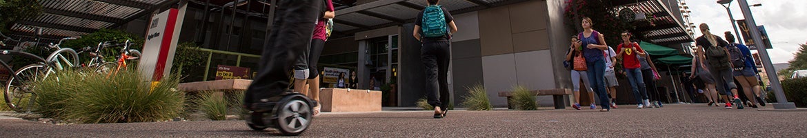 Wide-angle view of students walking along path in Downtown Phoenix campus