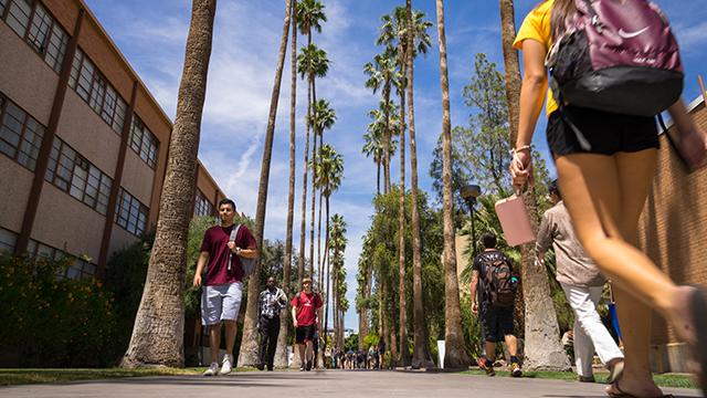 Students walking along Palm Walk on Tempe Campus