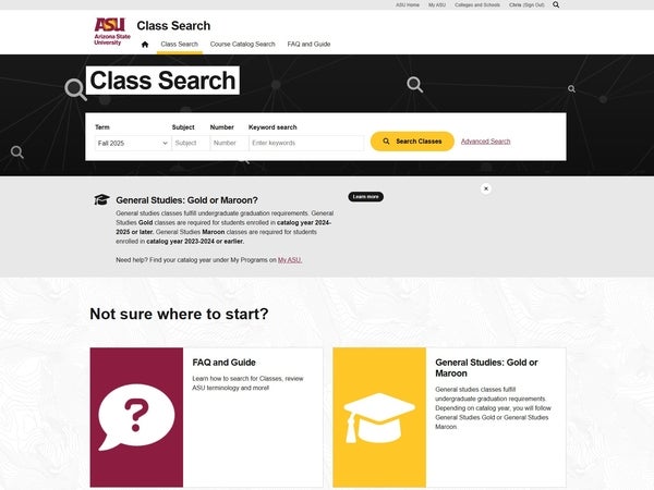 screenshot of the ASU Class search webpage